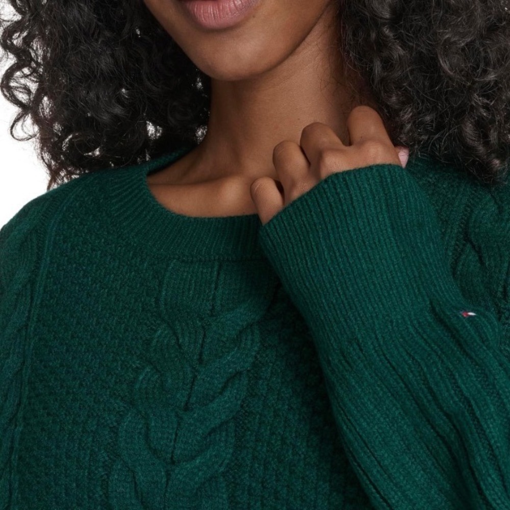 Tommy Hilfiger Green Cable Knit Crewneck Sweater chunky Cozy Preppy cute large - Picture 2 of 10